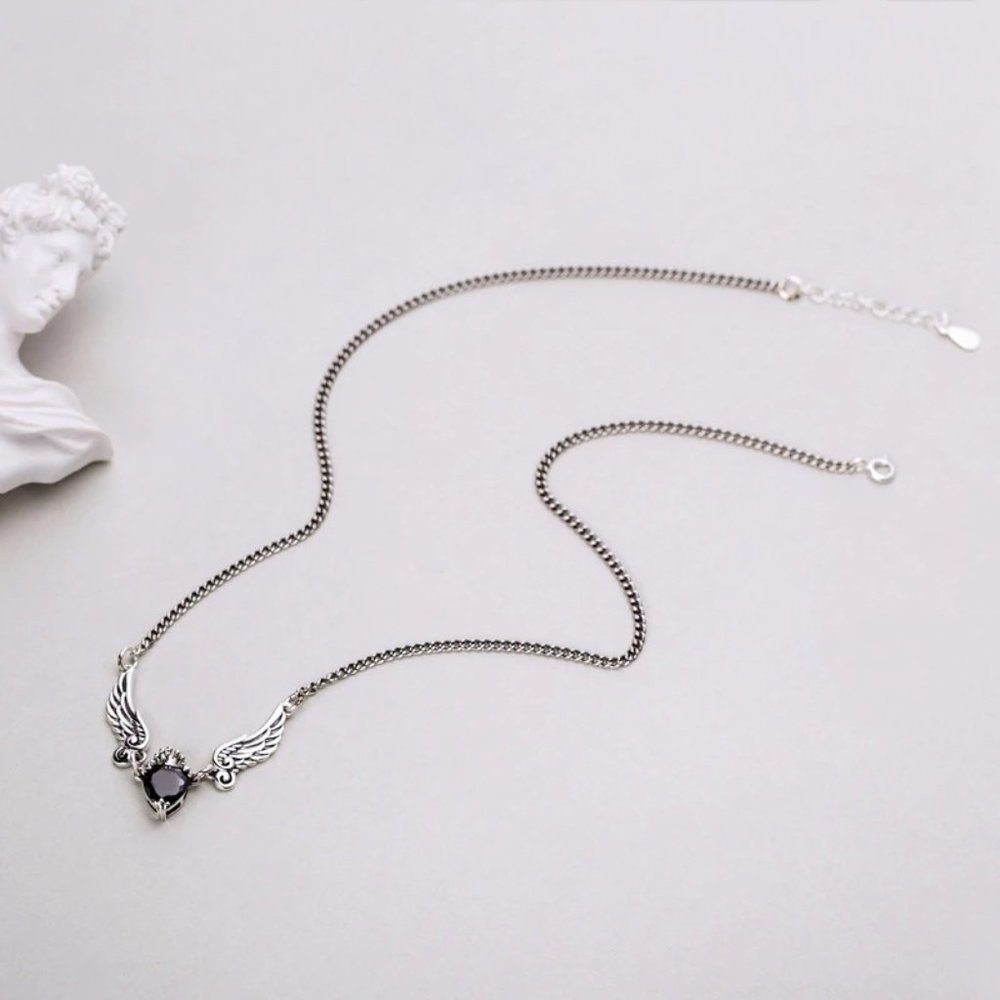 NEW Silver Angel Wings Heart Black Zircon Necklace - Picture 4 of 6